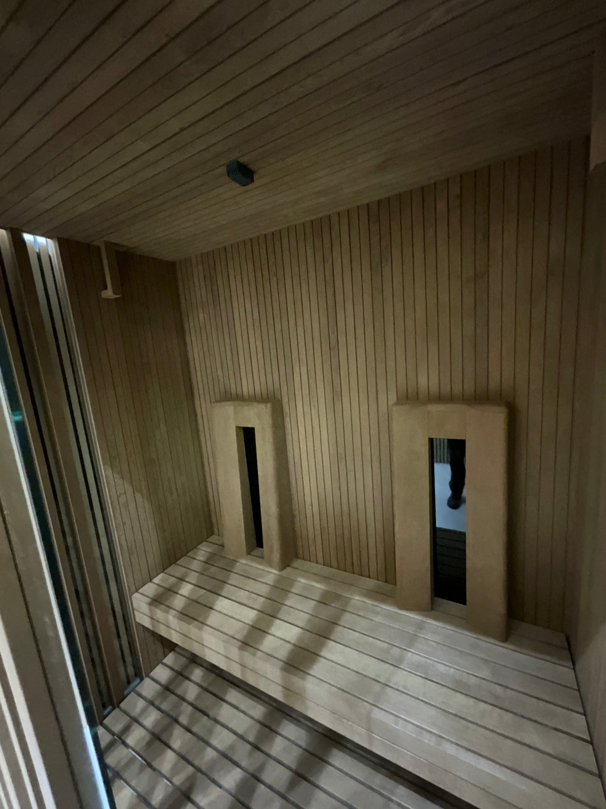 Interior bench, timber lining and infrared heater details
