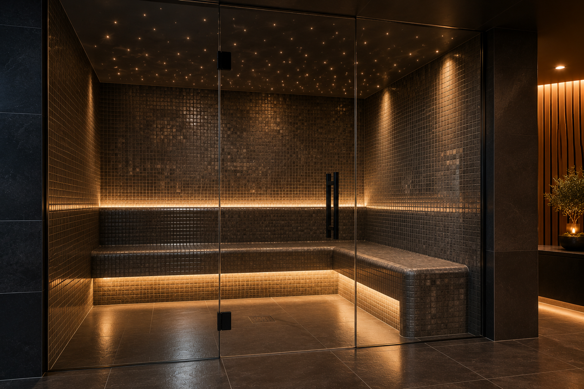 Tiled steam room with illuminated seating
