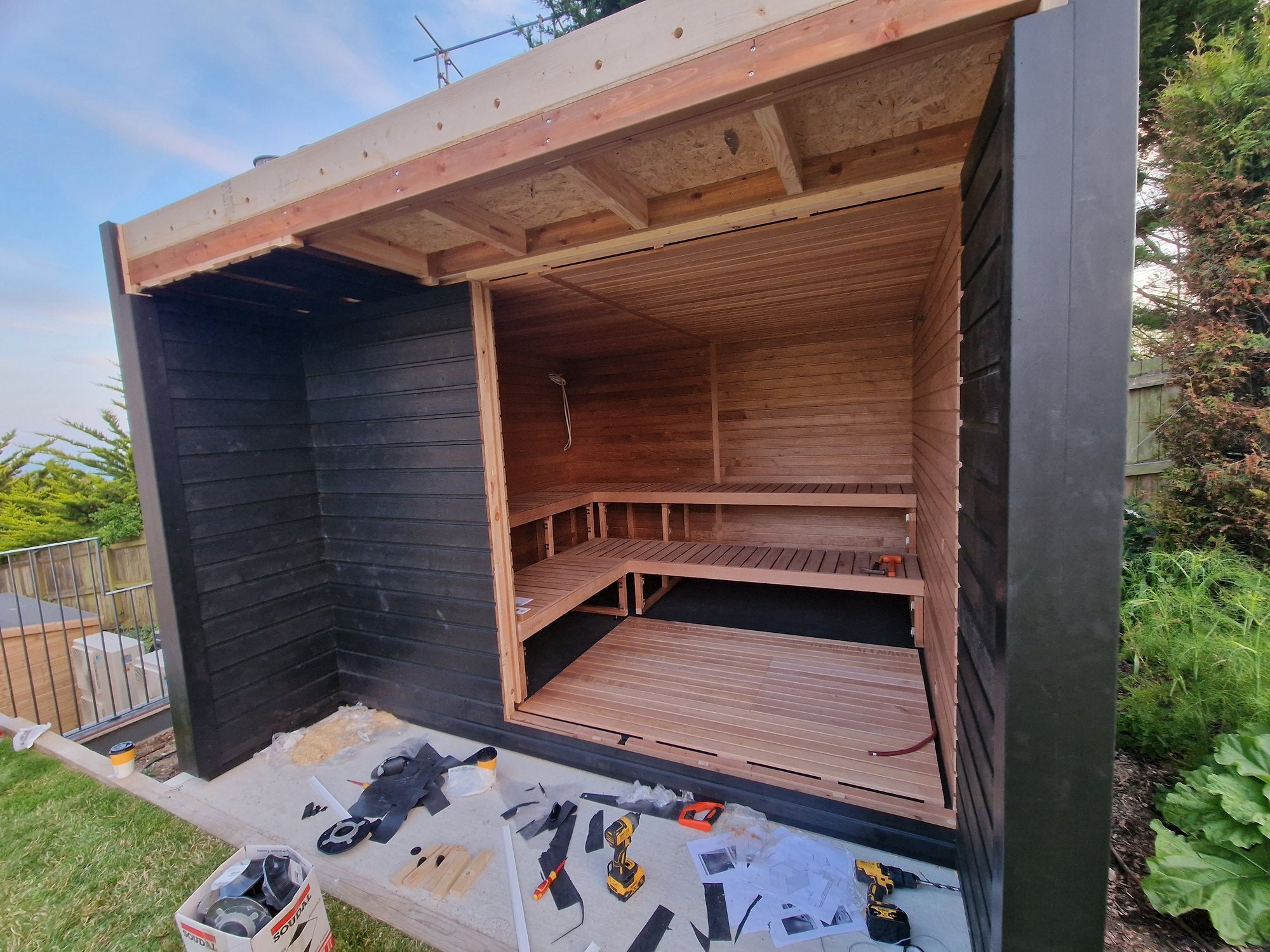 Garden sauna during installation