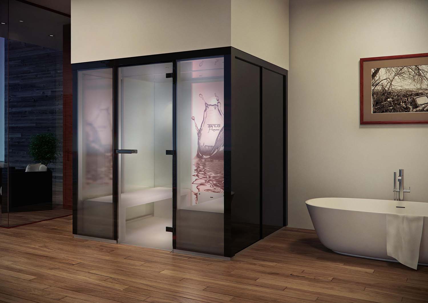 Tylo steam room and large free standing bath in large home